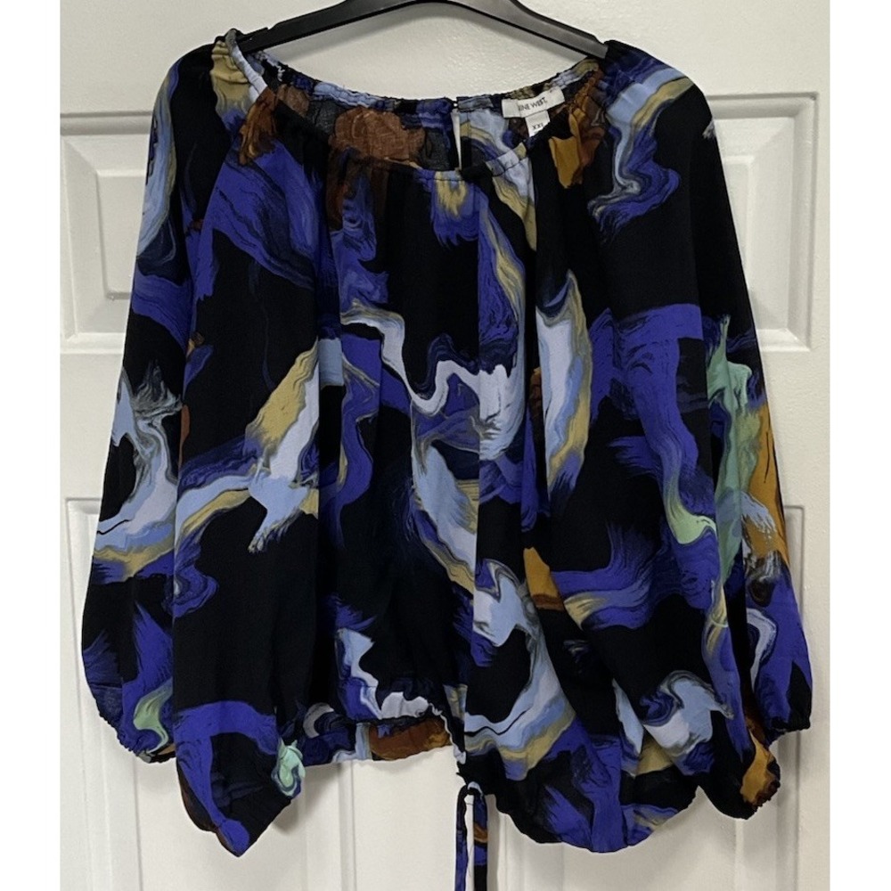 Nine West Marble Print Long Sleeve Cinched Waist Blouse Women's XXL
